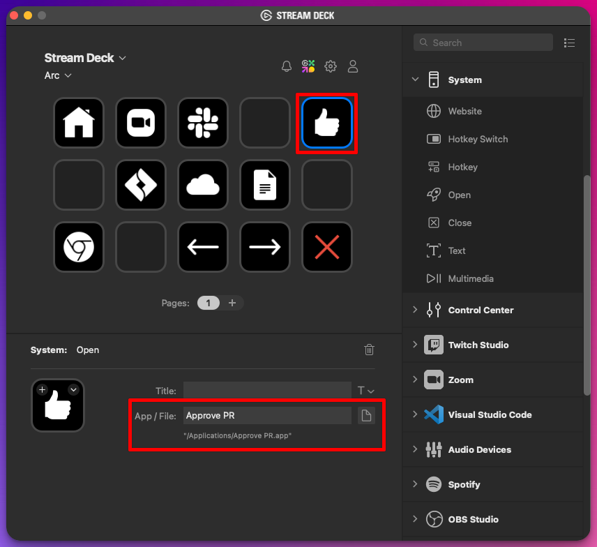 Screenshot of configuring the Stream Deck button